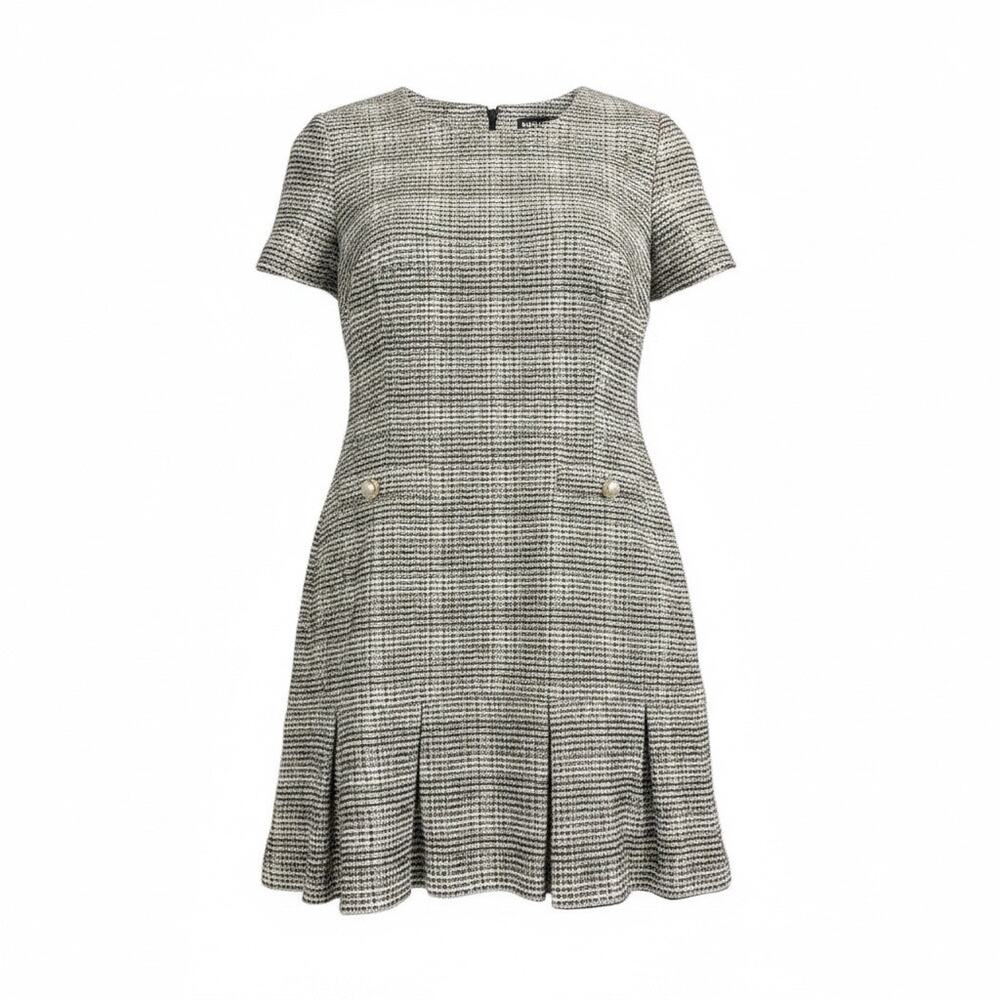 Karl Lagerfeld Paris Tweed Dress Size 4 NWT Pearl Pleated Fit Flare Black Gray